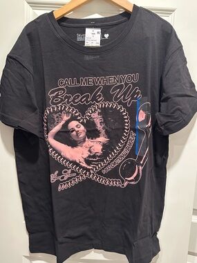 Selena Gomez Black Graphic 'Call Me When You Break Up' Tee with Pink Print